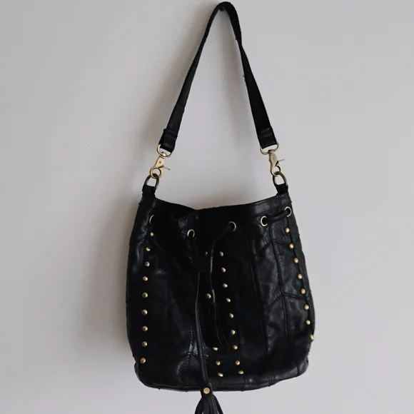 Amerileather Luxury Leather Tassel Studded Bucket Black  Bag Moto Hippie Biker - Picture 2 of 12
